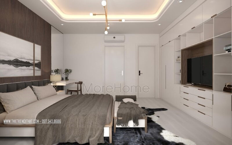 Bối cảnh phòng ngủ hiện đại đẹp, nhẹ nhàng sâu lắng với gam trắng từ tường kết hợp cùng gỗ óc chó sẫm màu ốp tường. Mẫu nội thất chung cư đẹp