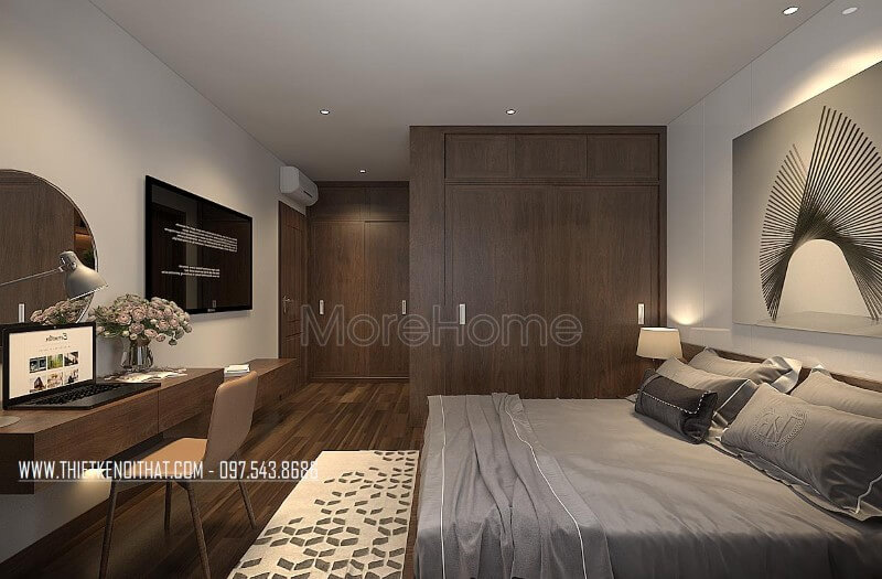 Sự phối hợp khoa học về không gian, phối hợp về màu sắc hài hòa hợp phong thủy, thiết kế tinh tế tới từng đường nét khiến không gian phòng trở nên thật ấn tượng Mẫu nội thất chung cư đẹp