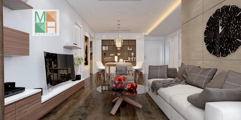 Mẫu thiết kế phòng khách hiện đại với cách bố trí đồ nội thất khoa học hợp lí sử dụng các tủ gỗ đa năng vừa đảm bảo tính thẩm mỹ vừa mang lại sự thuận tiện cho gia chủ.  Thiết kế chung cư