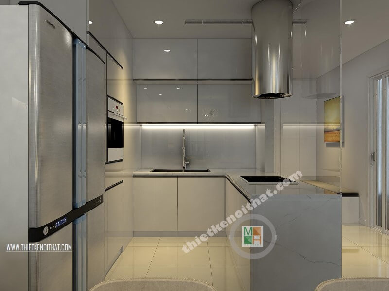 Thiết kế phòng bếp chung cư hiện đại với hệ tủ bếp acrylic màu trắng kết hợp bàn đảo ốp đá nhân tạo mang đến vẻ đẹp sang trọng và đẳng cấp cho căn bếp gia đình bạn Thiết kế nhà bếp tiện nghi sang trọng