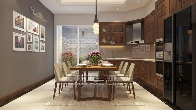 Bộ bàn ăn gỗ hiện đại với kiểu dáng nhỏ gọn, trẻ trung phù hợp với phòng bếp chung cư, nhà phố,,.. Mẫu bàn ăn đẹp MoreHome
