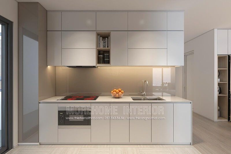 Chọn tone màu trắng làm chủ đạo, tủ bếp gỗ Acrylic cao cấp sẽ giúp phòng bếp trở nên thanh thoát và sang trọng.