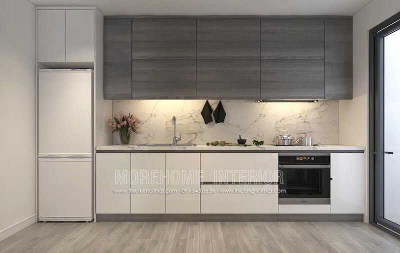 Mẫu tủ bếp với hai tông màu đối lập xám và trắng mang lại sự ấn tượng và lạ mắt với giá cả hợp lý.