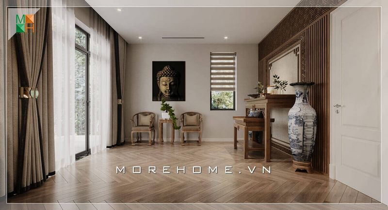 Mẫu tranh canvas họa tiết phật rất họa với không gian nơi thờ phụng.